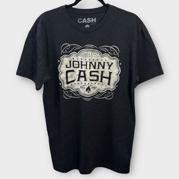 Johnny Cash Country Music Graphic Tee T-Shirt Solid Black Crewneck Musician Band - Picture 1 of 3